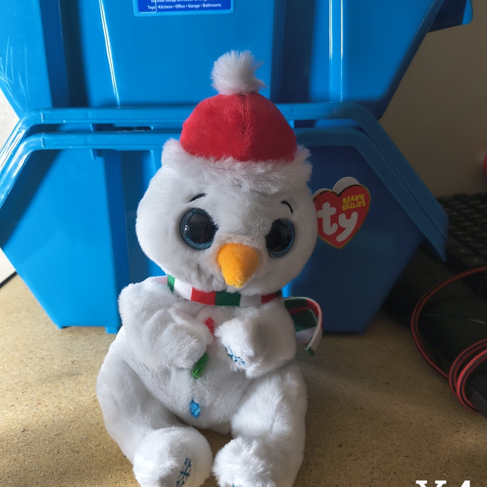Ty White Snowman Plush with Red Hat and Scarf